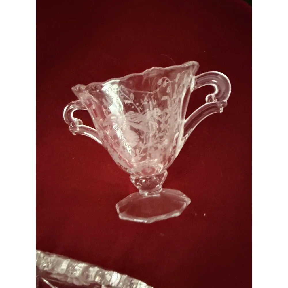 Vintage Cut Glass Creamer & Sugar Set With Tray Clear Floral Etched Design